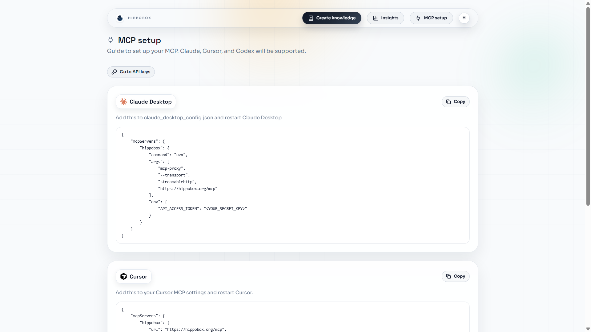 HippoBox MCP setup guide for Claude Cursor and Codex