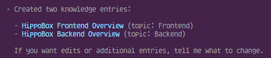 HippoBox terminal output showing created knowledge entries