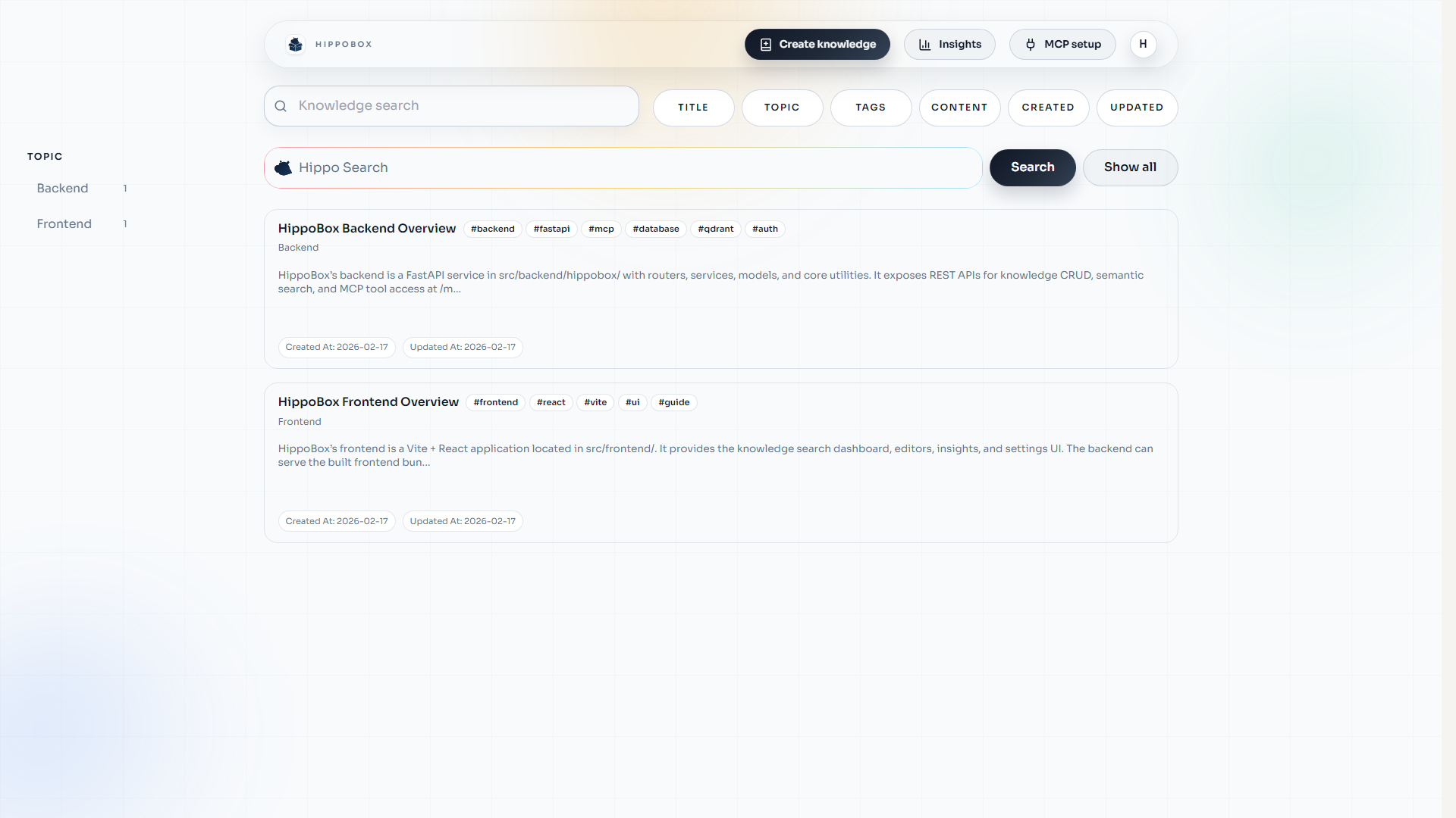 HippoBox knowledge UI with topic and markdown knowledge entries